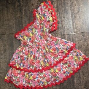 ENTRO Floral Dress with Red Trim Ric Rac One Shoulder Sz L